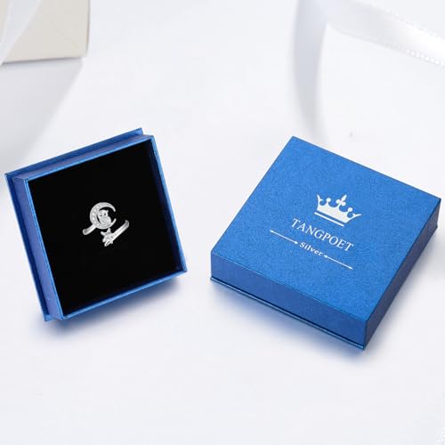 Anillo de búho ajustable de plata 925 con diseño abierto de estrella y luna 7