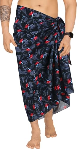 HAPPY BAY Men's Holidays Cover-Up Beach Lava Lava for Men Swim Trunk Summer Long Pareo Regular Samoan Swimwear One Size Azure, Leaves