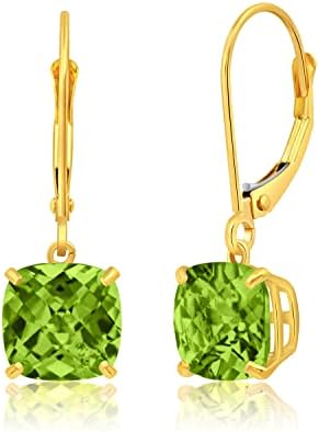 14k Yellow Gold Cushion Cut Green Peridot Dangle Lever Back Earrings for Women with 8mm August Birthstone by MAX + STONE