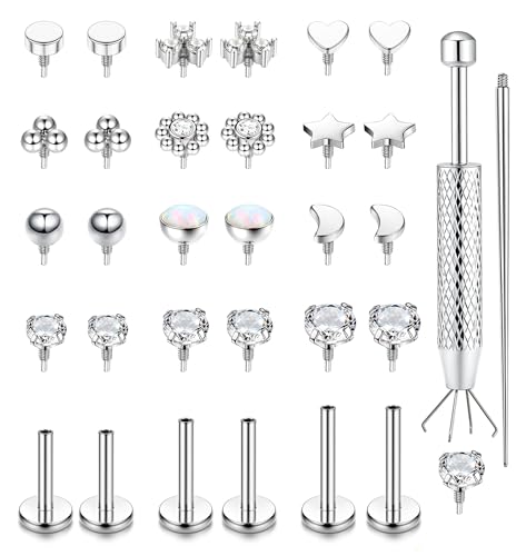 LOLIAS 16G Flat Back Stud Earrings for Women - Hypoallergenic Surgical Steel Nose Studs Internal Thread Stud Piercing Jewelry for Tragus Helix Cartilage Conch Silver Lip Monroe Labret Medusa Piercing