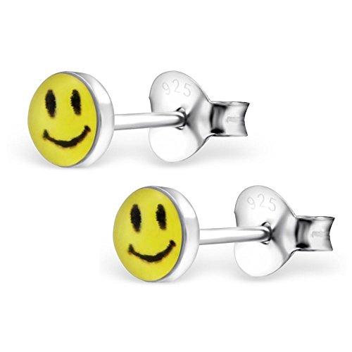 bungsa© Smiley niños de pendientes .925 Plata de 6 mm Amarillo Emoji lachendes cara lengua Sonrisa (Pendientes Real joyas Studs Pendientes Joyas Joven Chica)