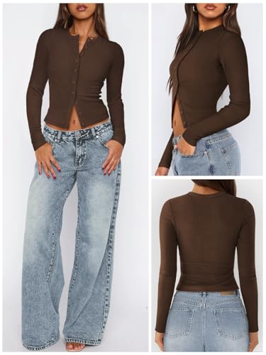 Womens Ribbed Button Down Long Sleeve Top Knit Button Up Fitted Cardigans Cropped Cute Fall Going Out Tops for Women3