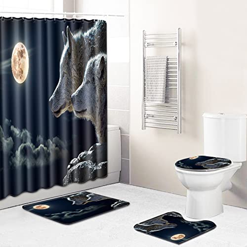 Duschvorhang Tierwolf Badezimmerteppich 4-Teiliges Set, Duschvorhang 180x180 Polyester+Badematte rutschfeste(50x80)+U…