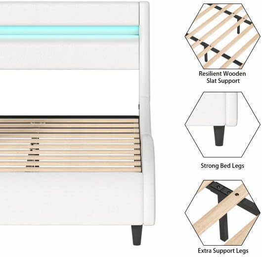 Miniatura 6 de TTVIEW Marco de cama LED inteligente tapizado Queen con cabecero moderno marco de cama de piel sintética tipo onda marco de cama de perfil bajo con