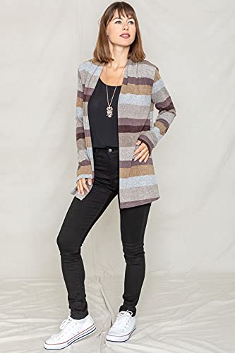 Image of Eloges Women's Multi Stripe Soft Knit Open Cardigan with Suede Elbow Patch