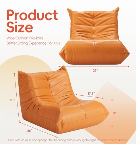 Image of Hobestluk Small Bean Bag Chair Waterproof Leather Beanbag Lazy Floor Sofa Bean Bags with Memory Foam Filled Lounge Sofa Armless Chair for Bedroom Playroom and Reading Dorm Easy Clean (Orange, Medium)