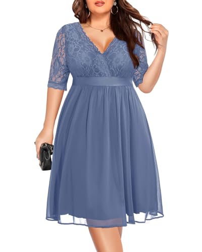 Pinup Fashion Übergröße, Spitze, Chiffon, Wickelkleid, V-Ausschnitt, Cocktailkleid, Hochzeitsgäste, Midi-Kleid, Haze Blue, 56 Mehr