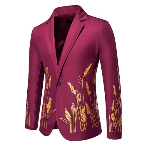 Men's Wheat Printed Suit Coat Fashion Slim Fit Long Sleeve Lapel Button Dress Blazer Harvest Festival Galas Jacket Plus Size
