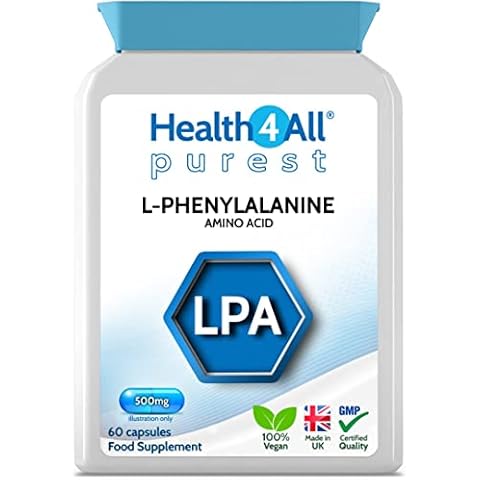 L-Phenylalanine 500mg 60 Capsules (V) .(not Tablets) Purest- no additives for Mood, Memory, Attention and Thyroid. Vegan Natural L- Form. Made in The UK by Health4All Cover