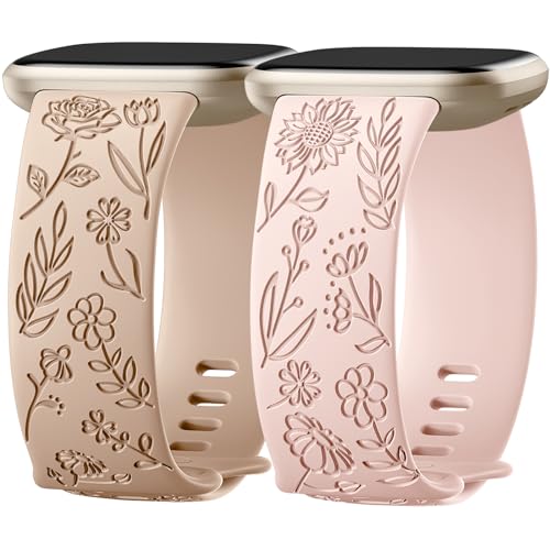 SNBLK 2 Pack Engraved Bands Only Compatible with Fitbit Versa 3/Fitbit Sense/Fitbit Versa 4/Fitbit Sense 2 Bands Four Models, Sunflower Rose Elegant Soft TPU Floral Pattern Replacement Strap