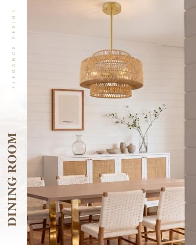 Image of 18 inch Boho Rattan Chandelier, Gold Finish, AD-25050-4P-GD | 4-Light 3-Tier Hand Woven Dining Room Light Fixture, Natural Brown Pendant Lights for Living Room Kitchen Island