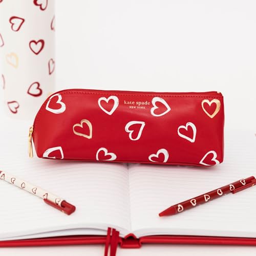 Image of kate spade new york Pen and Pencil Case with Office Supplies for Adults, Zip Pouch Includes 2 Pencils, Sharpener, Eraser, and Ruler, Brushstroke Hearts