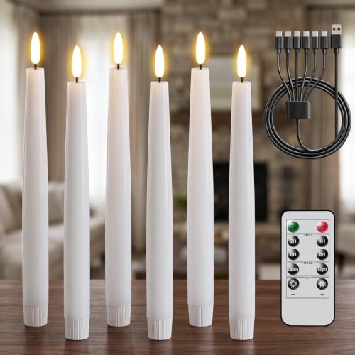 Image of GenSwin Rechargeable Flameless LED Taper Candles Battery Operated 2 Remote | White, 6 Pack, Real Wax 3D Flameless Flickering, 0.78 inch x 9.84 inch, 2 /4 /6 /8H Timer, Candlesticks for Wedding & Holiday Decor