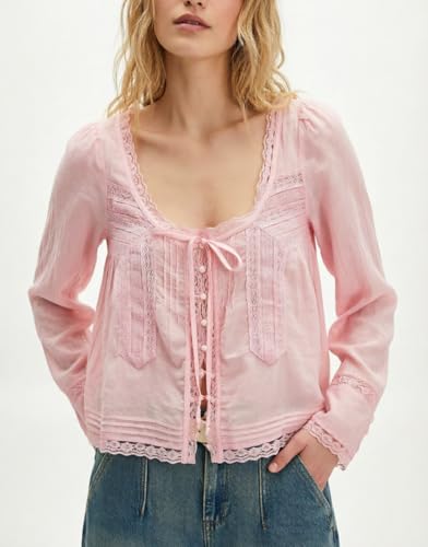 Image of Women Summer Sheer Tie Front Top Y2k Peplum Chiffon Blouse Eyelet Long Sleeve Flowy Lace Beach Cover Up Boho Tops