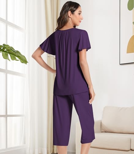 Image of NACHILA Women's Bamboo Viscose Pajamas Button V Neck Capri Pjs | Cooling pajamas, Breathable Fabric, Soft Touch, Sleep Comfort, Moisture-Wicking