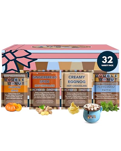 Double Donut Coffee Holiday Hot Chocolate Packets Variety Pack, 32 Count Seasonal Flavored Hot Cocoa Packets Includes Creamy Eggnog, Gingerbread Spice, Peppermint Patty & Pumpkin Spice
