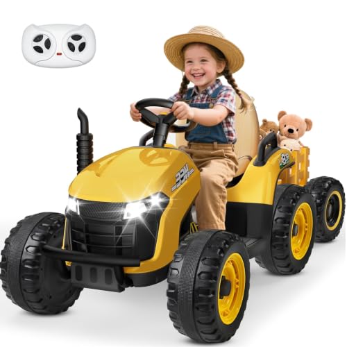 Image of ANPABO 24V Ride On Tractor for Kids w /Detachable Trailer, EVA Tires, Yellow