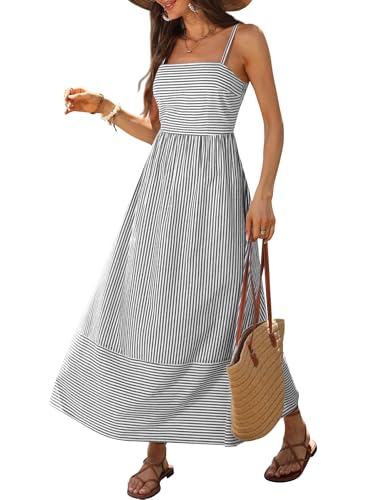 Image of Caracilia Womens Maxi Dresses Gingham Spaghetti Strap Back Smocked Flowy Long Sundress Summer Beach Vacation Clothes 2026