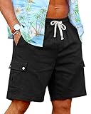 TRFIC Men's Cotton Linen Cargo Shorts - Elastic Waist with Drawstring, 6 Pockets, Summer Beach Vacation, Casual Lounge Large Black