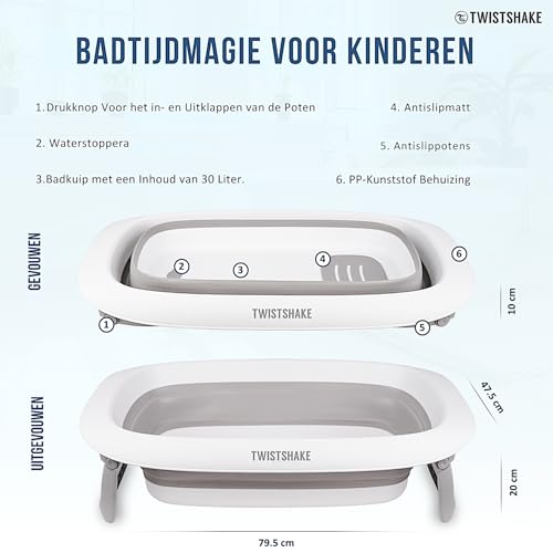 Twistshake faltbare und rutschfeste Babybadewanne | Ergonomisch zusammenklappbar und sicher | Tragbare Badewanne für Kleinkinder | Duschwanne für Kleinkinder | 0+ Monate | Kapazität: 30L | Grau Weiß