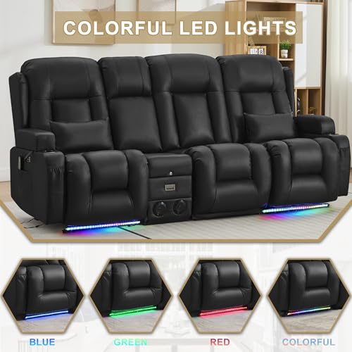 Image of URRED Power Loveseat Recliner Sofa with Massage and Heat, Wall Hugger Reclining Loveseat with Console, RV Couch Home Theater Seating with LED Lights for Living Room (Black, 89.8 inch - 3 Seats)