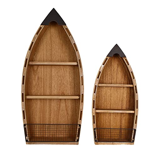 wovorins Wood Hanging Boat Shelf Set Nautical 3-Tiered Shelves for Living Room Bathroom Bedroom - Beach Themed Decorative Bookcase Wooden Wall Art Ornament Display Shelf Rustic Coastal Home Decor