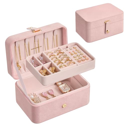 SONGMICS Jewellery Box 2-Layer Jewellery Storage 11 x 16 x 8 cm Travel Jewellery Box Portable Jewellery Case Small Spacious for Larger Accessories Gift Idea Jelly Pink JBC166R01