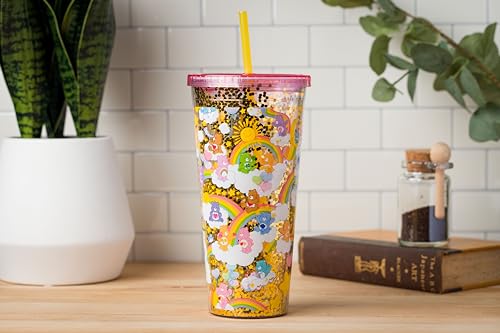 Image of Silver Buffalo Care Bears Rainbow Stars, Plastic Cold Cup, 32oz | Funshine, Grumpy, Good Luck, Bedtime, Cheer and Tenderheart, Confetti, Lid and Straw, 0.95 Liters
