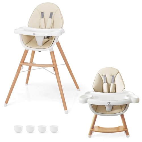 Image of BABY JOY Baby High Chair, Wooden High Chair for Babies & Toddlers with Dishwasher Safe Double Removable Tray, Infant Feeding Chair with 5-Point Safety Harness & Detachable PU Seat Cushion (Beige)