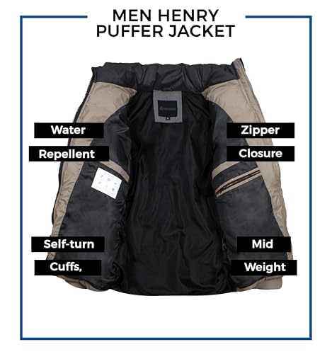 Image of URBAN BUCK Mens Puffer Jacket Midweight Long Sleeve Henry Beige Windproof Winter Recycled Down Water Repellent Climbing Men Coat (XL)