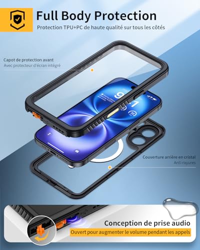 Coque iPhone 16 antichoc imperméable étanche IP68 intégrale 360 noir - 6