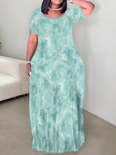 Image of PinkPatty Plus Size Dress for Women Casual Crew Neck Short Sleeve Maxi Dress Oversized Summer Beach Dresses with Pockets