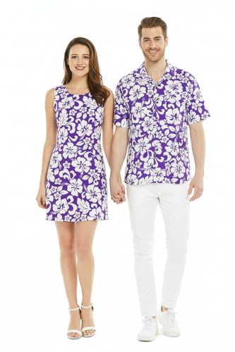 Image of Matchable Couple Hawaiian Luau Men Shirt or Women Tank Dress in Classic Vintage Hibiscus