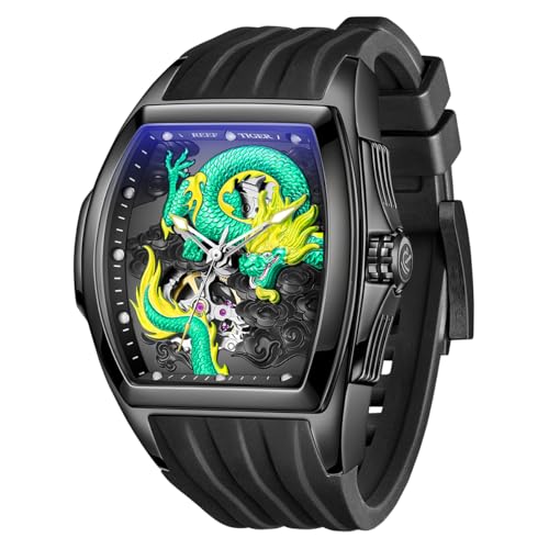 REEF TIGER Herren-Luxus-Tonneau-Skelett-mechanische Automatikuhr mit Automatikaufzug, leuchtendes Drachenzifferblatt, wasserdichte Armbanduhr RGA3061 (RGA3061-BGB)
