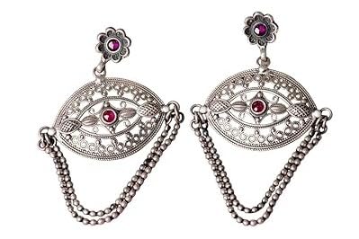 Shyle 925 Sterling Silver Mizoya Layered Drop Intricate Earrings, Well Stamped with 925, Traditional Oxidized Silver Earrings, Gift for Her, Indian Silver Jewellery