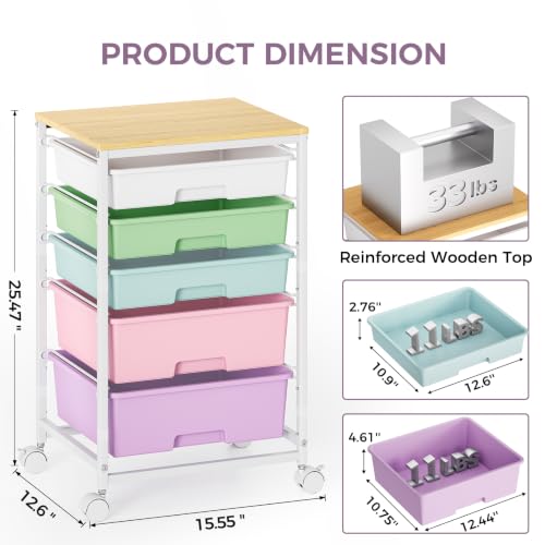 Image of SYKIARIOL 5-Tier Rolling Utility Storage Drawer Craft Cart on Wheels with Wooden Tabletop, Mobile Craft Storage Drawer Cart Trolley for Home Office, Classroom, Craft Room & Kid Room, Ice Cream