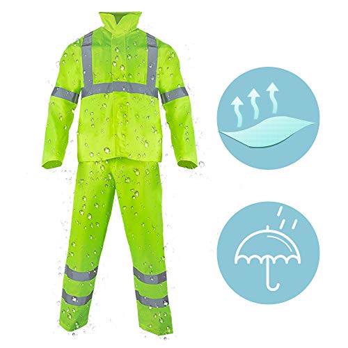 FONIRRA Class 3 High Visibility Rain Suit With Collapsible Hood Lime Reflective Safety Waterproof Worker Jacket & Pants (S/M Yellow)2