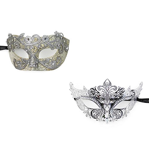 Luxury Collection Matching White/Silver Venetian Half Face Masquerade Ball Mask for Men and Women