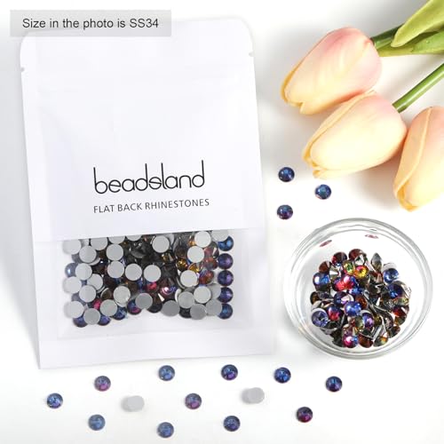 Image of Beadsland Flat Back Crystal Rhinestones,Blue Volcano, SS34, 288pcs | Round Glass Gems, 7.0-7.3mm, for Nail Art Craft, Glue Fix
