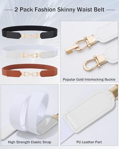 AWAYTR Women Skinny Stretchy Belt - Thin Elastic Waist Ladies Belt with Light Gold Buckle for Dress Pants3