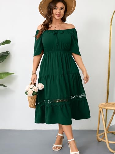 Image of RWJ Women's Plus Size Maxi Dress Short Sleeve Square Neck Flowy A-Line Lace Trim Flutter Party Casual Off Shoulder Dresses