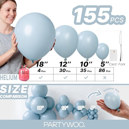 Image of PartyWoo Dusty Blue Balloons 155pcs Different Sizes of 18 12 10 5 Inch Light Blue Aqua Boho Balloon Arch Kit Garland for Graduation Baby Shower Gender Reveal Birthday Party Decorations Blue-F28