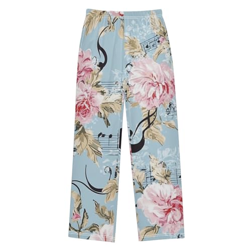 ZZXXB Music Note Peony Flower Boys Long Pants Soft Trousers Elastic Waist Kids Lounge Bottoms with Pockets S-XL