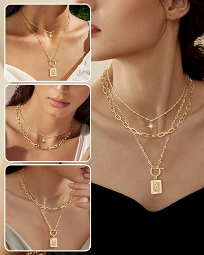 MJartoria Layered Necklaces for Women Trendy, 14K Gold Plated Brass Simple Star Choker Square Flower Pendant Necklace, Paperclip Chain Necklace, Gold Necklaces Jewelry Gifts3