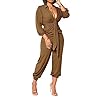 Xinlees-Womens-Elegant-V-Neck-Jumpsuit-Casual-Straight-Trousers-Business-Romper-Formal-Jumpsuit Xinlees Women's Elegant V Neck Jumpsuit Long Sleeve Solid High Waist Pleated Jumpsuit Romper Stretchy Cuffs With Belt(Khaki,XL)