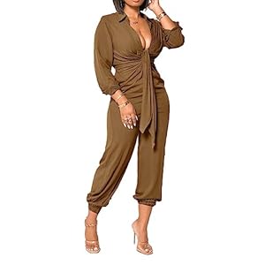 Xinlees-Womens-Elegant-V-Neck-Jumpsuit-Casual-Straight-Trousers-Business-Romper-Formal-Jumpsuit Xinlees Women's Elegant V Neck Jumpsuit Long Sleeve Solid High Waist Pleated Jumpsuit Romper Stretchy Cuffs With Belt(Khaki,XL)