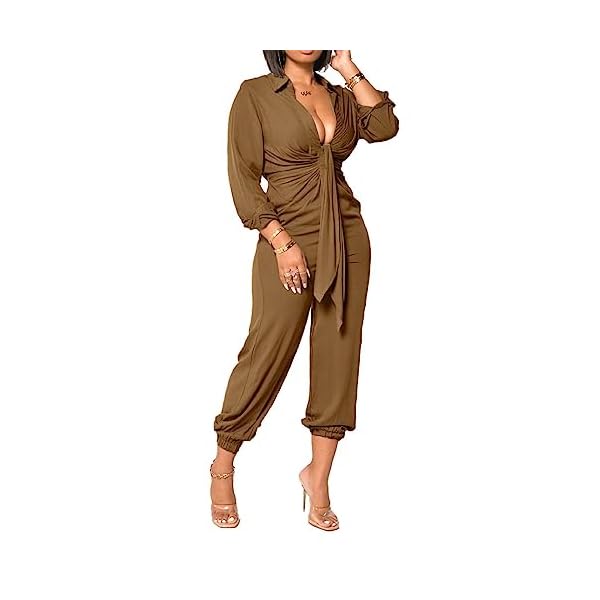 Xinlees-Womens-Elegant-V-Neck-Jumpsuit-Casual-Straight-Trousers-Business-Romper-Formal-Jumpsuit Xinlees Women's Elegant V Neck Jumpsuit Long Sleeve Solid High Waist Pleated Jumpsuit Romper Stretchy Cuffs With Belt(Khaki,XL)
