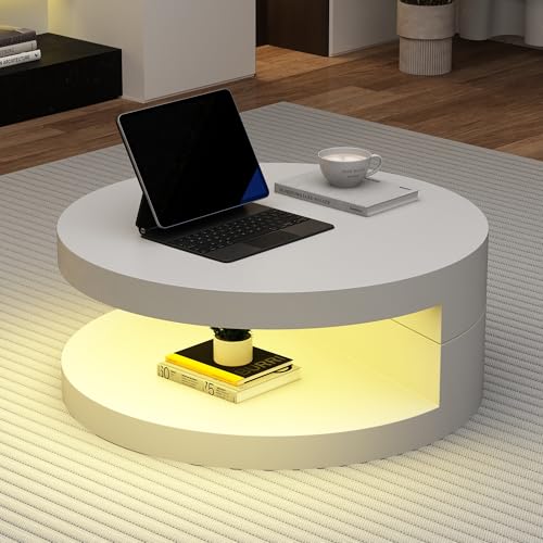 BTM Table Basse 70x70x35.5 cm Plateau Tournant 360°, LED 16 Couleurs MDF Cylindre, 2 Couches 30 kg Blanc