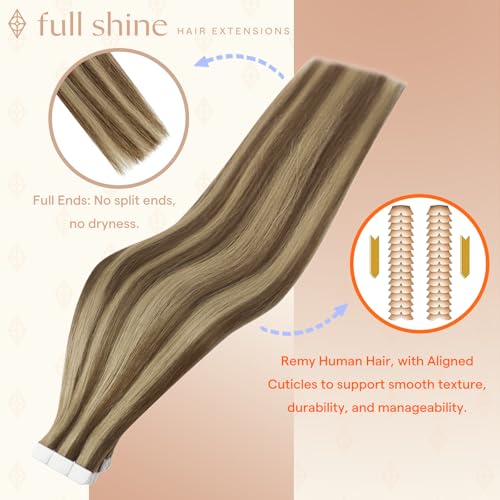 Image of Full Shine Human Hair Extensions Tape in, Brown Blonde Mix 12 Inch | 30g 20PCS, Seamless Skin Weft Remy Tape in Hair Extensions Human Hair, Lightweight Natural Daily Volume for Fine Hair
