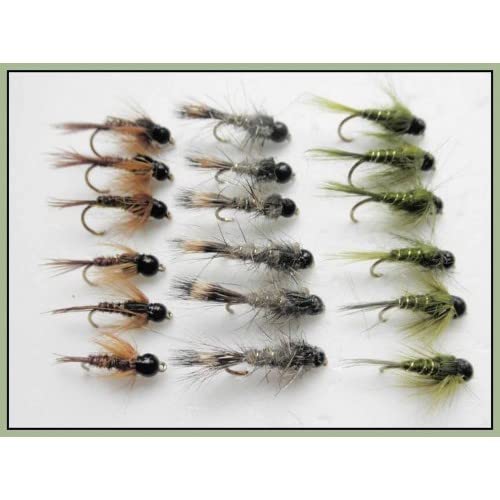 18 BARBLESS Tungsten Bead Trout Flies, 18 Nymphs, Olives, Hares Ear, Pheasant Tail, Mixed 10/12